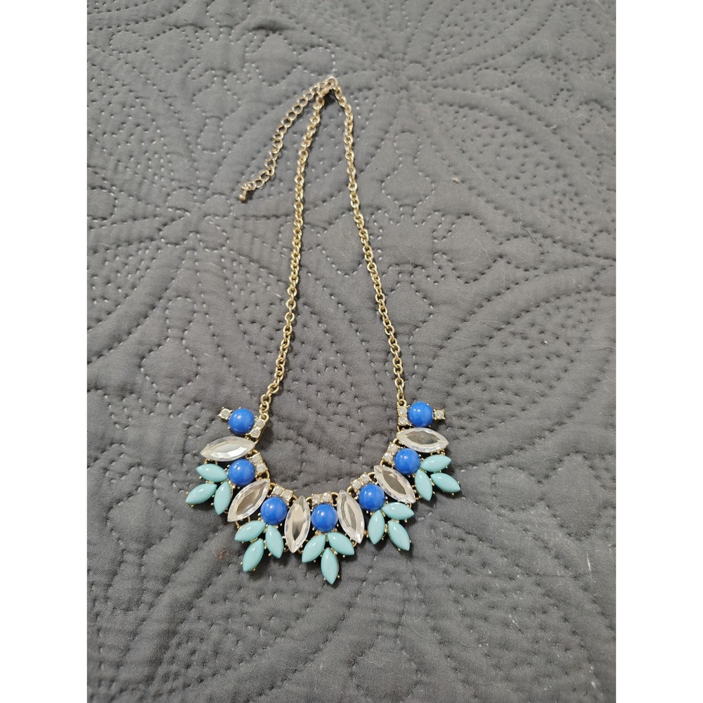 Gold Tone Blue Turquoise Crystal Cluster Statement Bib Necklace Adjustable Chain